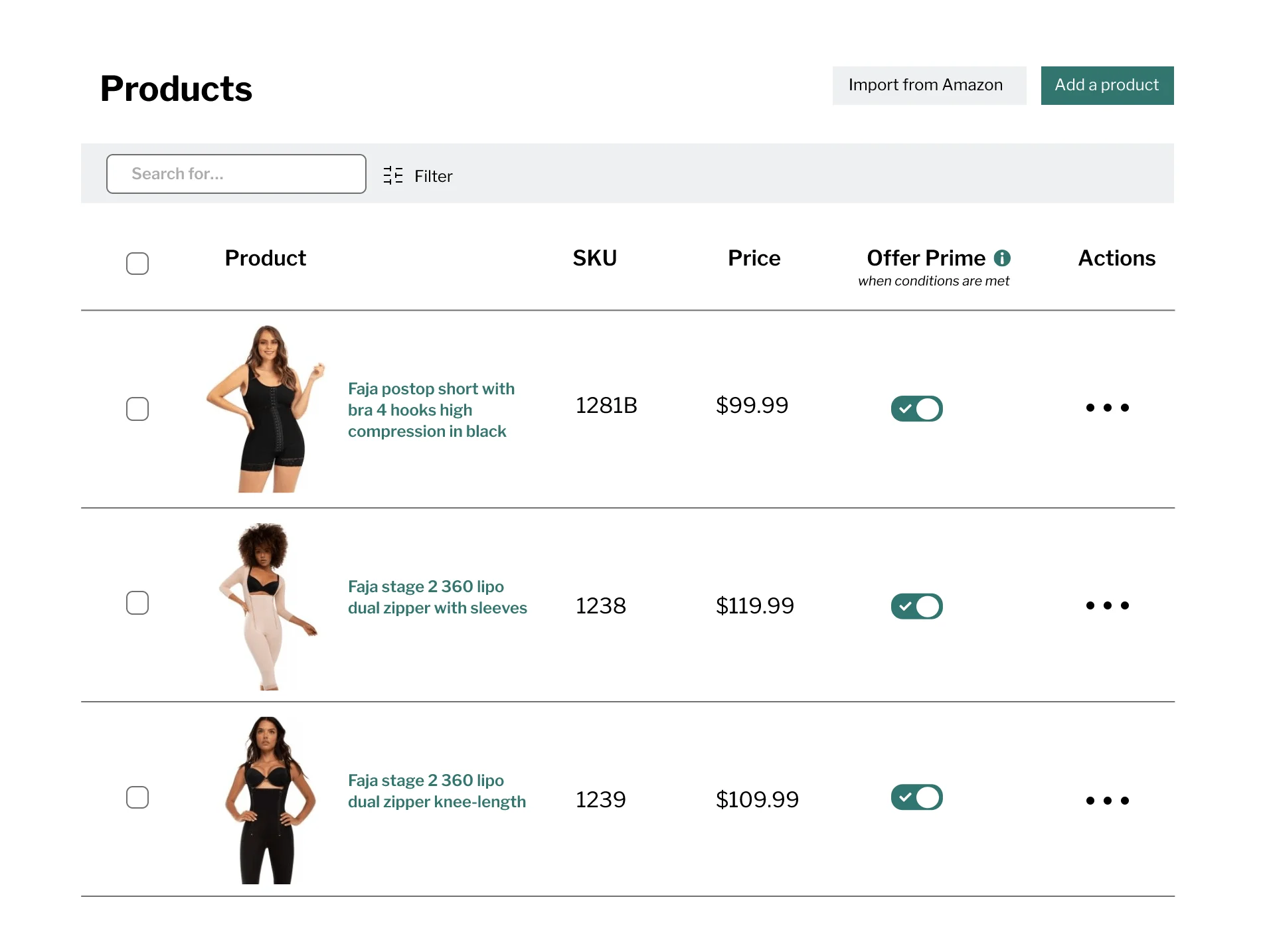 A screenshot of ecommerce listings with product details and options to import from amazon or add a product